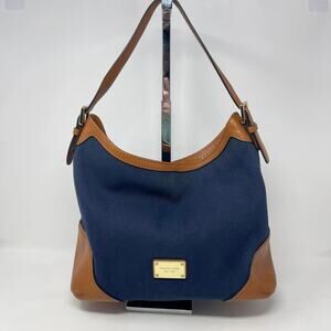 Michael Kors Navy Blue Canvas Camel Leather Trim Millbrook Hobo‎ Tote Bag